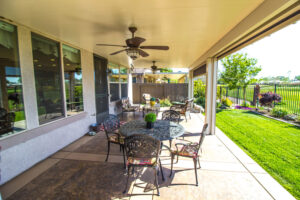 Modern looking patio with stamped concrete in Houston, TX